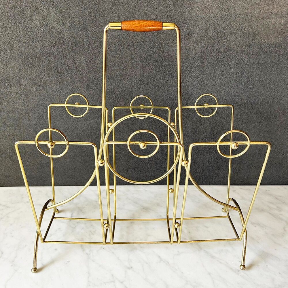 Mid Century Modern Brass Magazine Rack Wood Handle Atomic Geometric Vintage